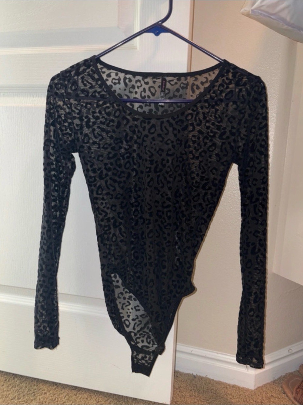 Sheer Black Leopard-Print Long-Sleeve Bodysuit - Women